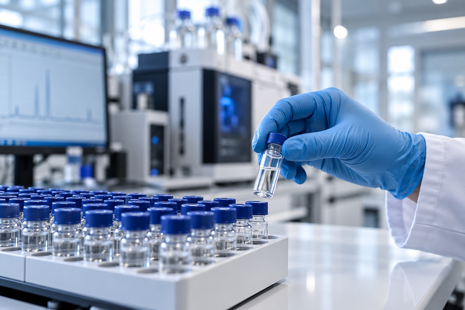 Manipulación de un vial de muestra para análisis cromatográfico